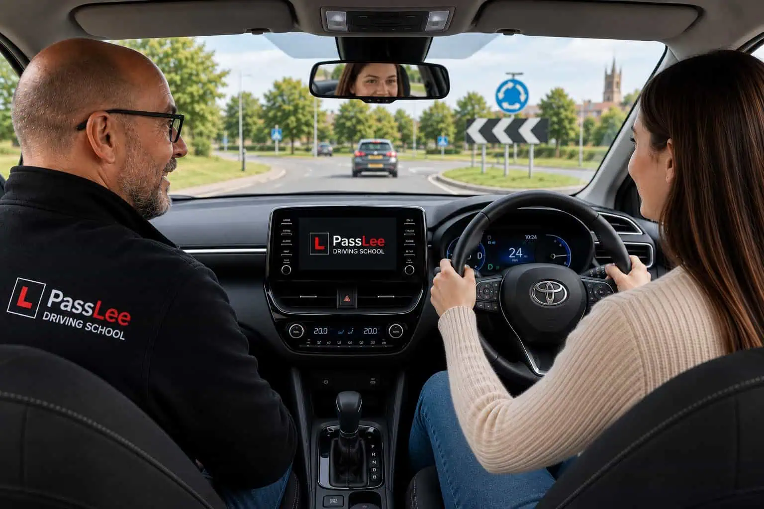 Lee giving an automatic driving lesson to a learner at a Worcester roundabout