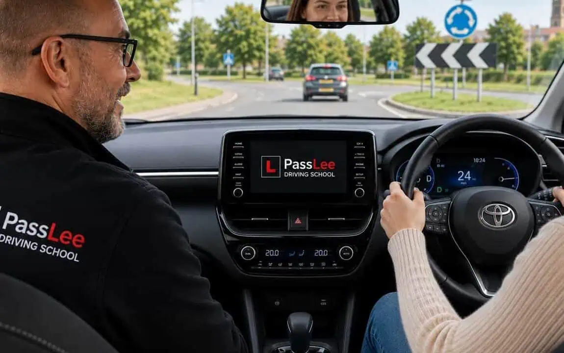 Lee and a learner sharing a relaxed moment during an automatic driving lesson in Worcester