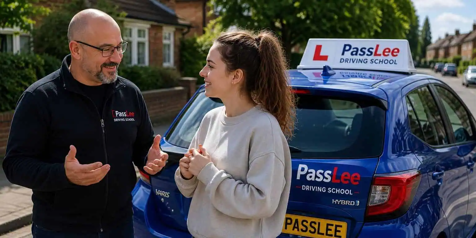 Lee reassuring a nervous learner driver beside the PassLee automatic car in Worcester